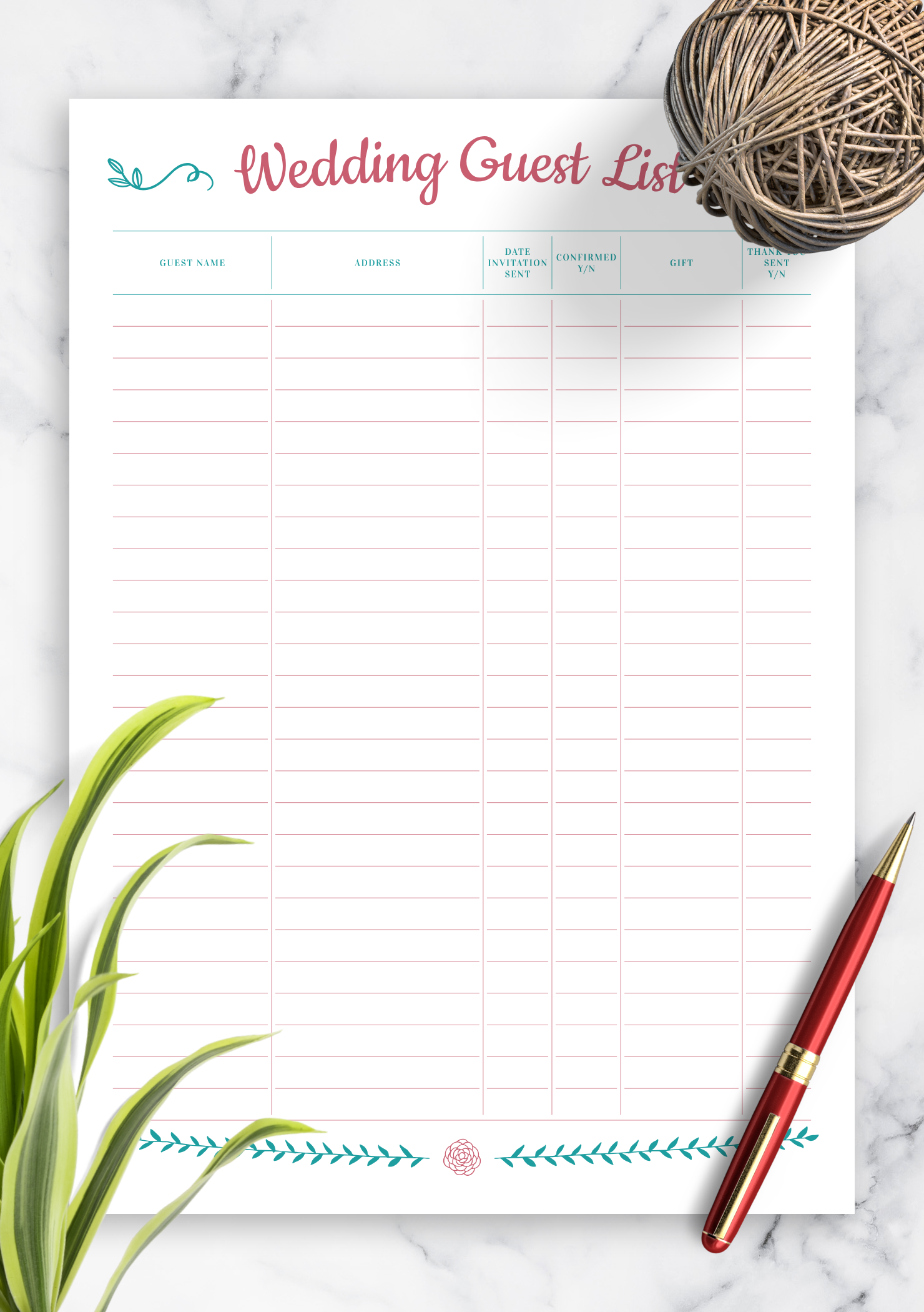 Numbers Wedding Guest List Template