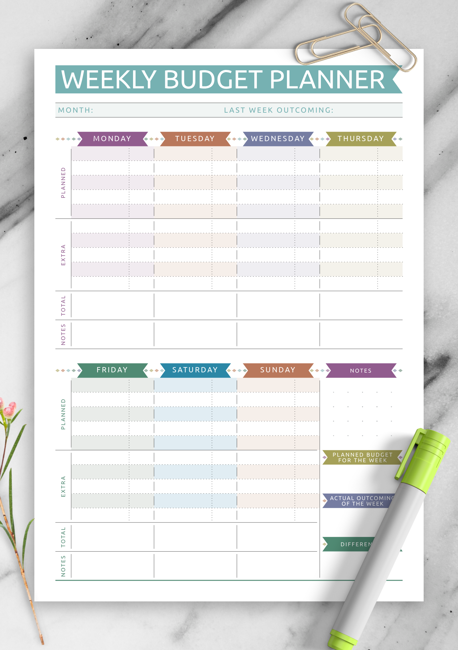 Download Printable Weekly Budget Casual Style PDF