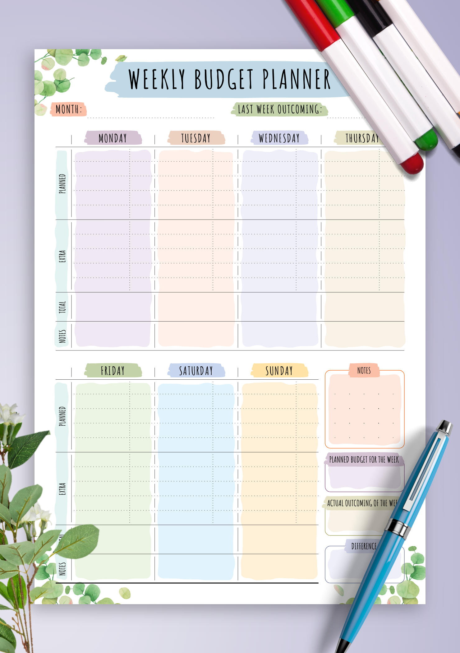 Monthly and weekly budget planner. Personal planner template in