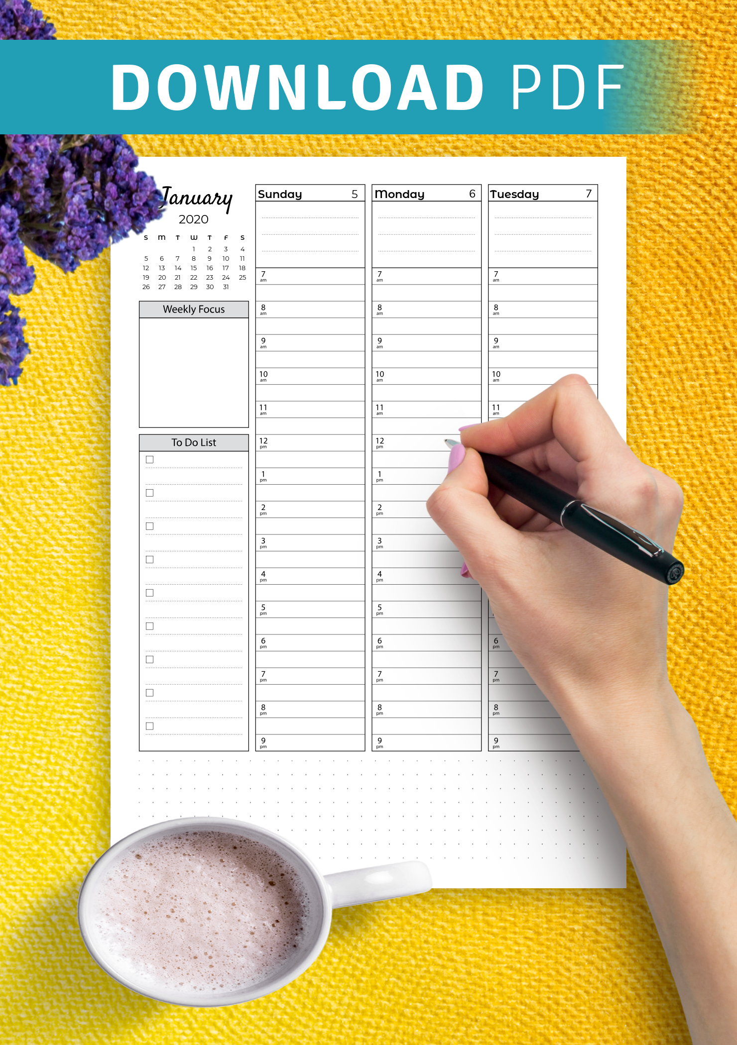 Download Printable Weekly hourly planner with todo list PDF