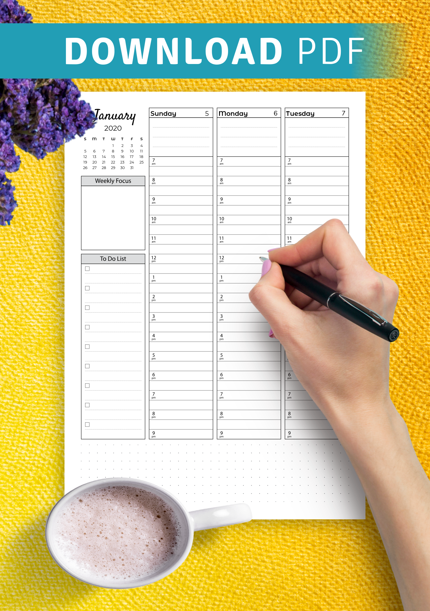 download printable weekly hourly planner with todo list pdf