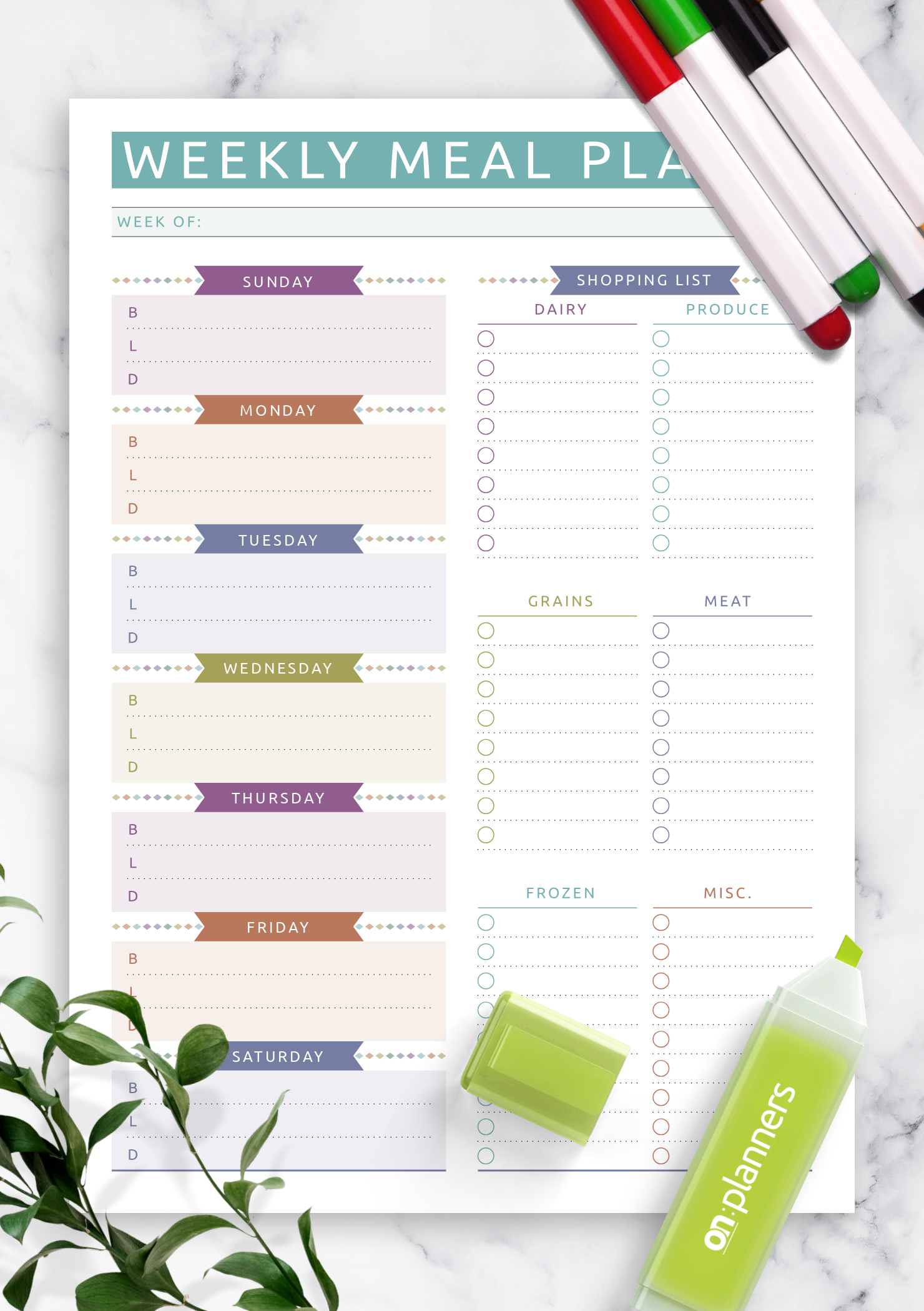 printable weekly meal planner template half page