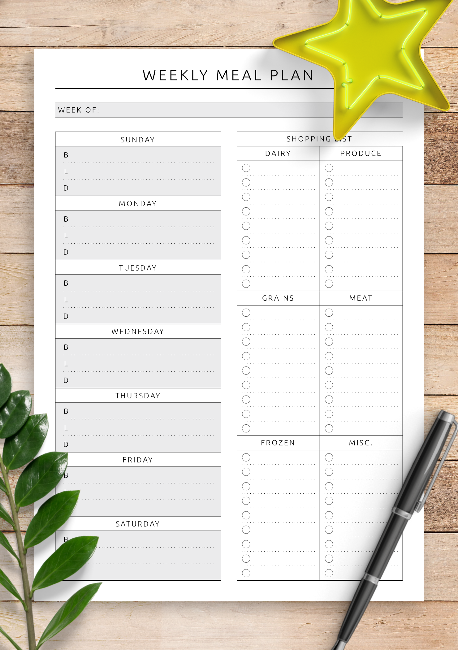 Download Printable Weekly Meal Plan with Shopping List - Original Style PDF