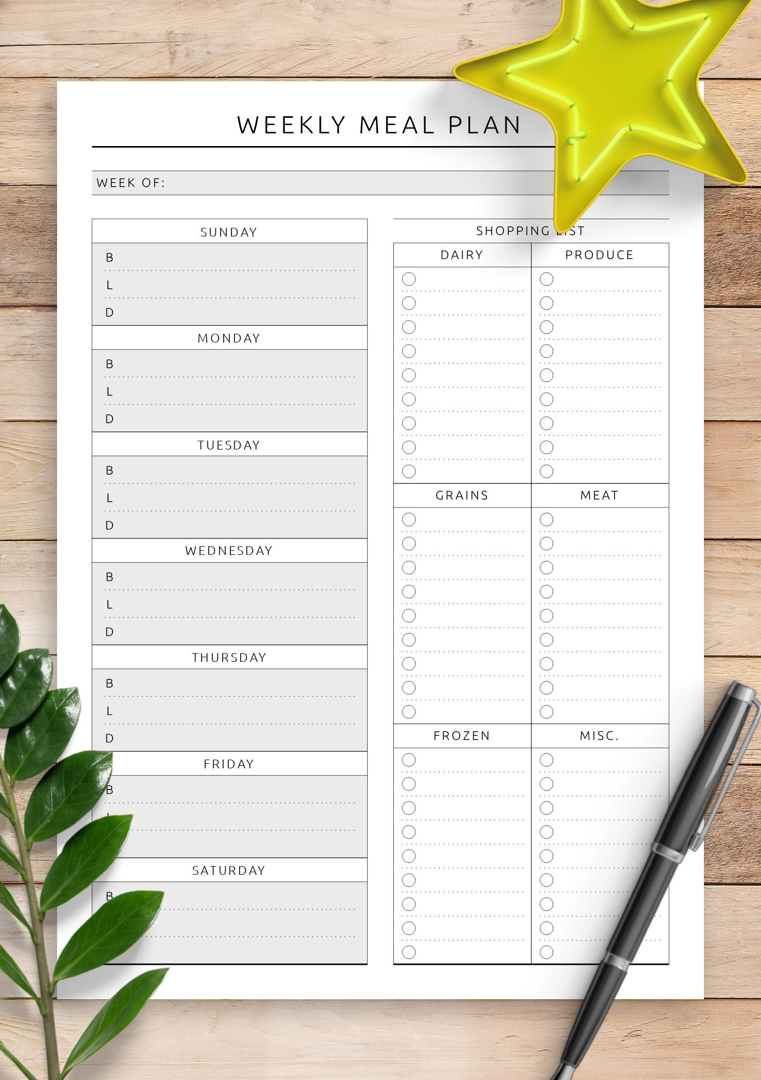 printable weekly meal planner template