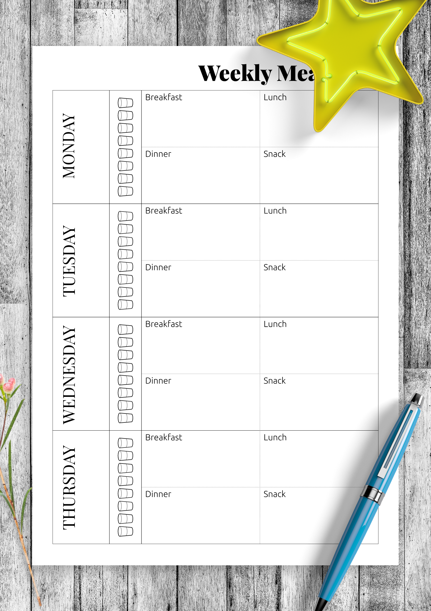 printable weekly meal planner template with snacks