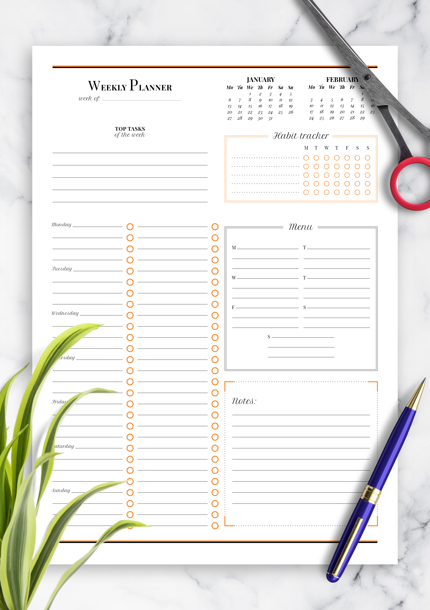 Weekly planner. Timetable for week with habit tracker, to do list and  notes. Vector illustration. Journal page template. Homework organizer.  Simple schedule. Empty blank of diary. Paper size A4. Stock Vector