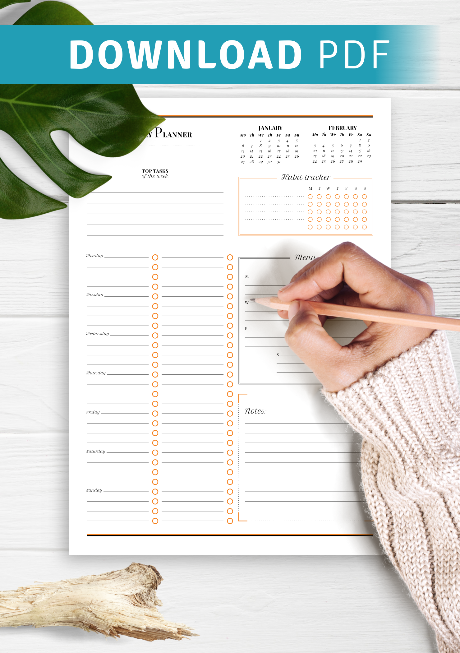 Download Printable Weekly planner with habit tracker PDF