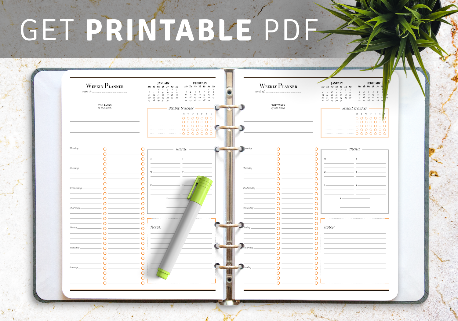 February monthly planner, weekly planner, habit tracker template