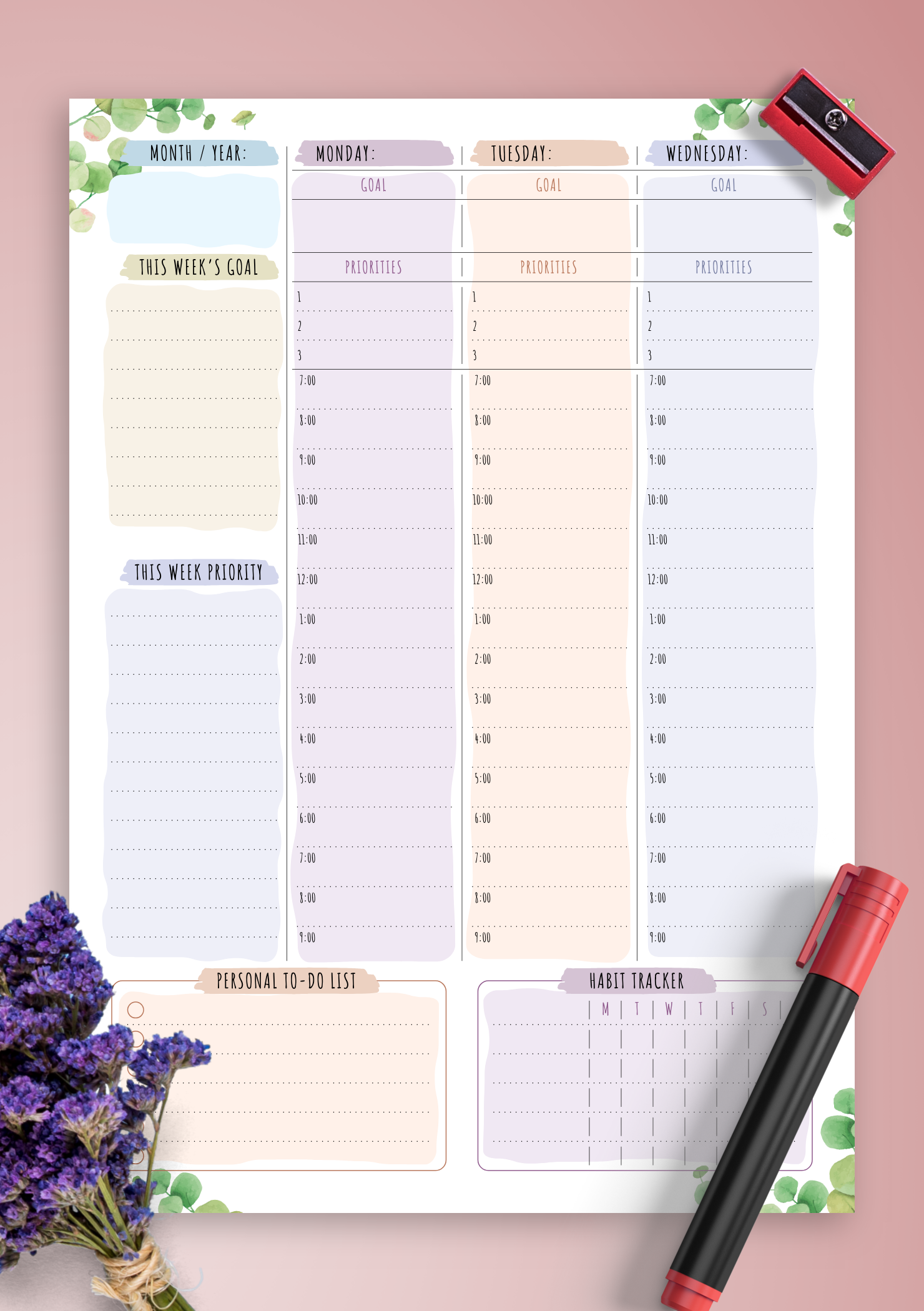 Download Printable Daily Hourly Planner With Flowers Pdf Free 