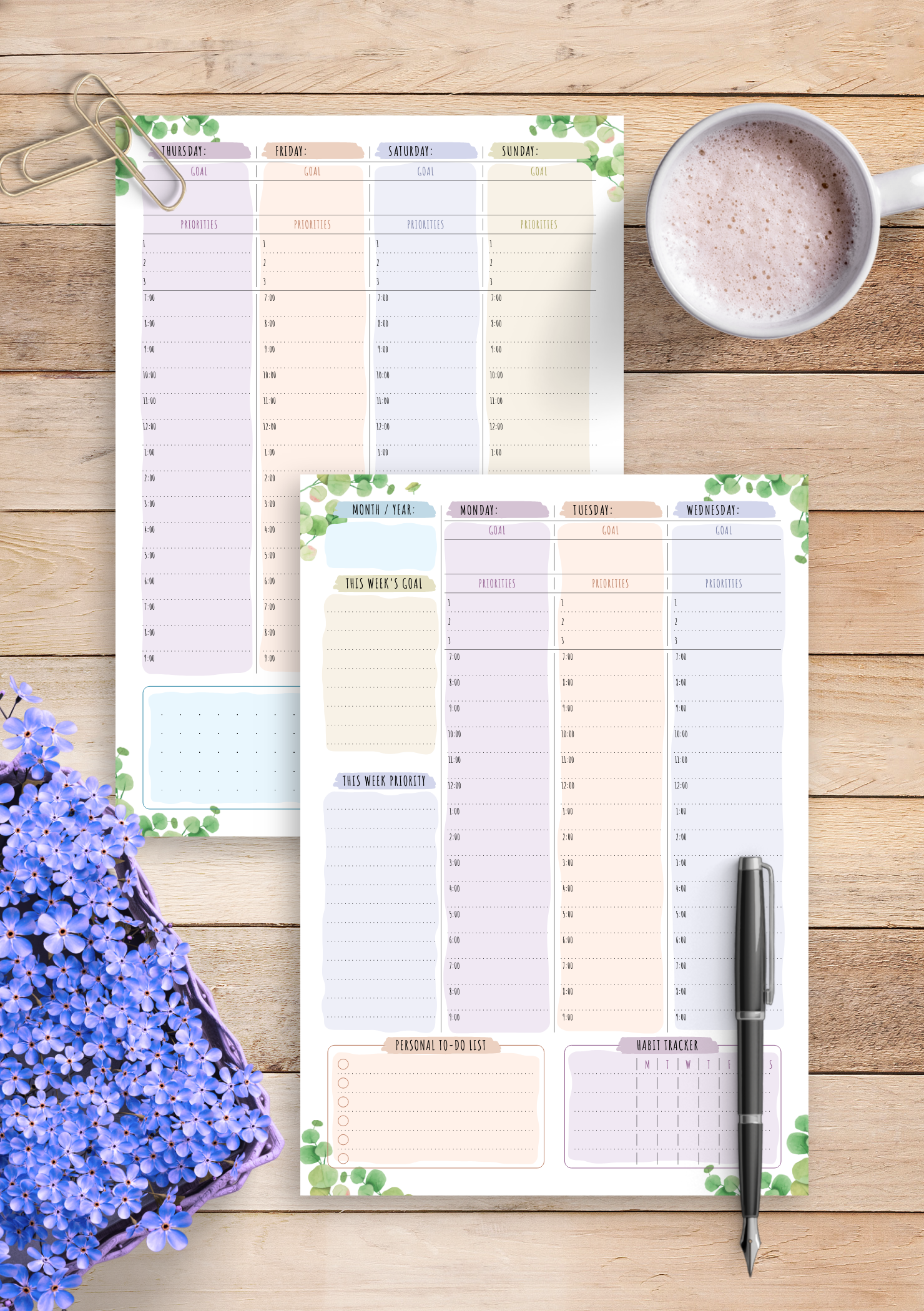 Download Printable Weekly Planner Undated Floral Style PDF