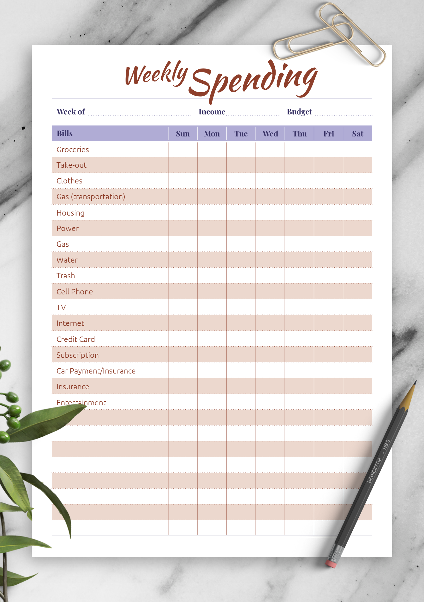 Printable Weekly Budget Template