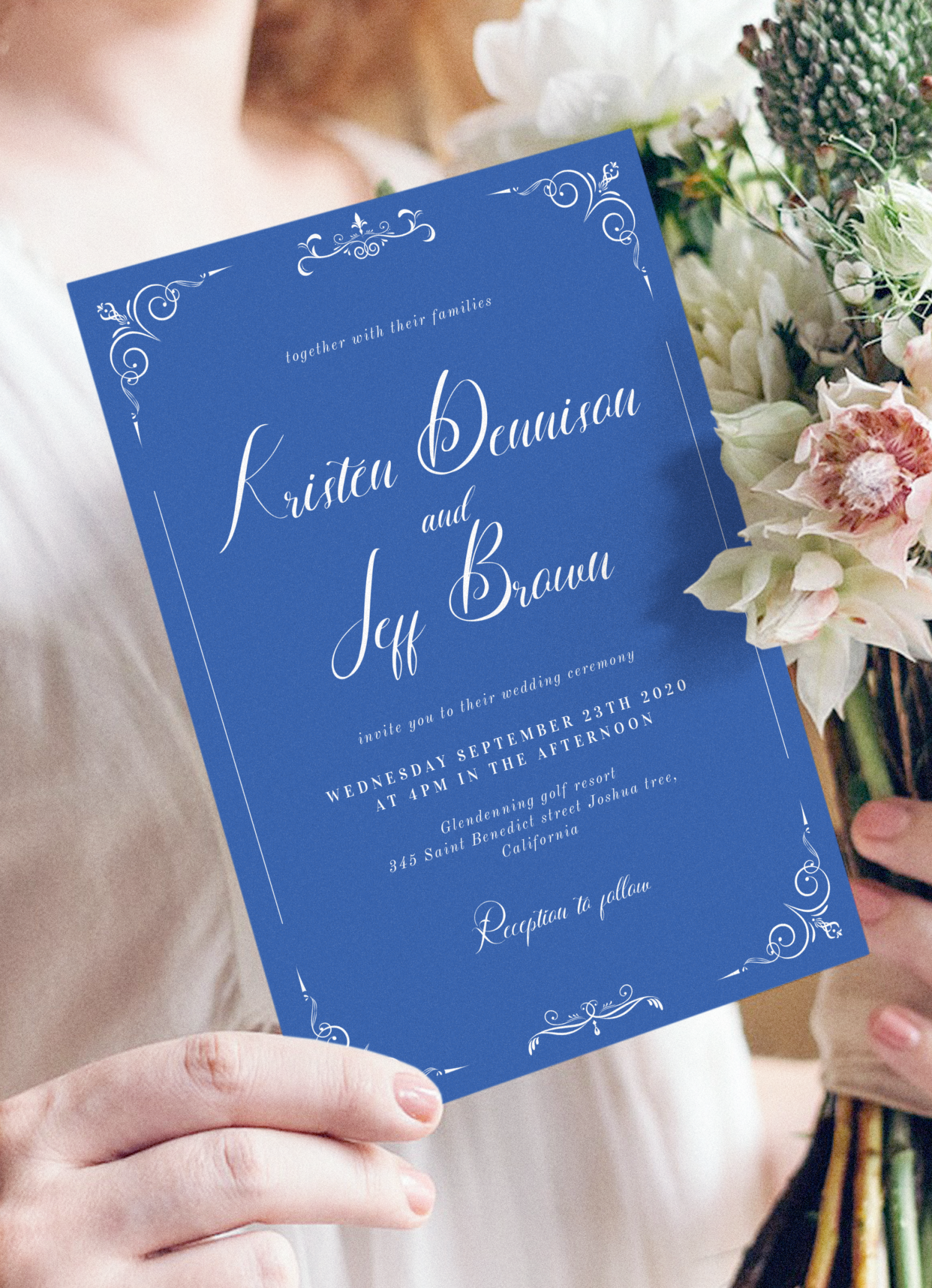 Download Printable Whimsical Scrolls Blue Vintage Wedding Invitation PDF