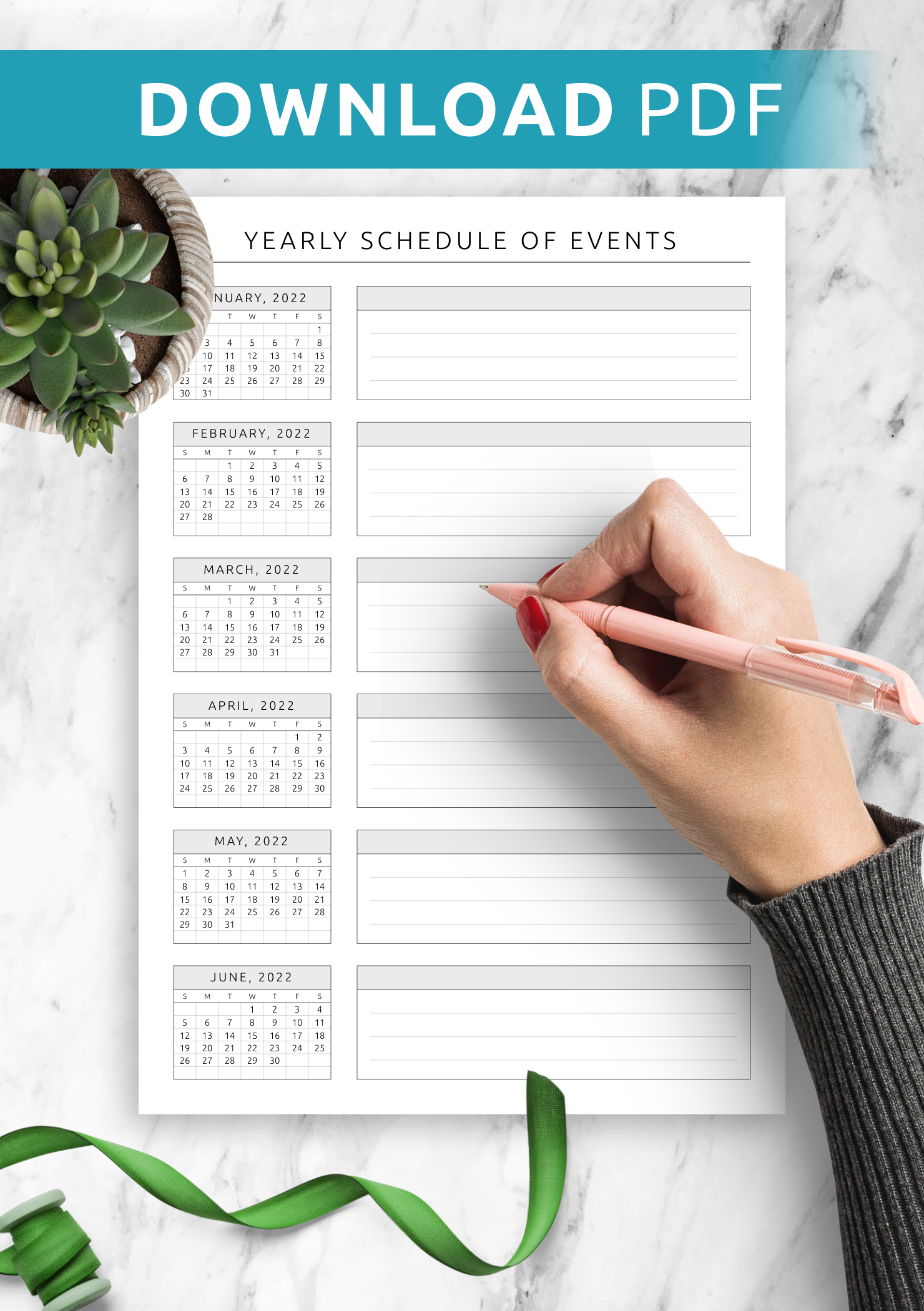 Download Printable Yearly Schedule of Events Template PDF