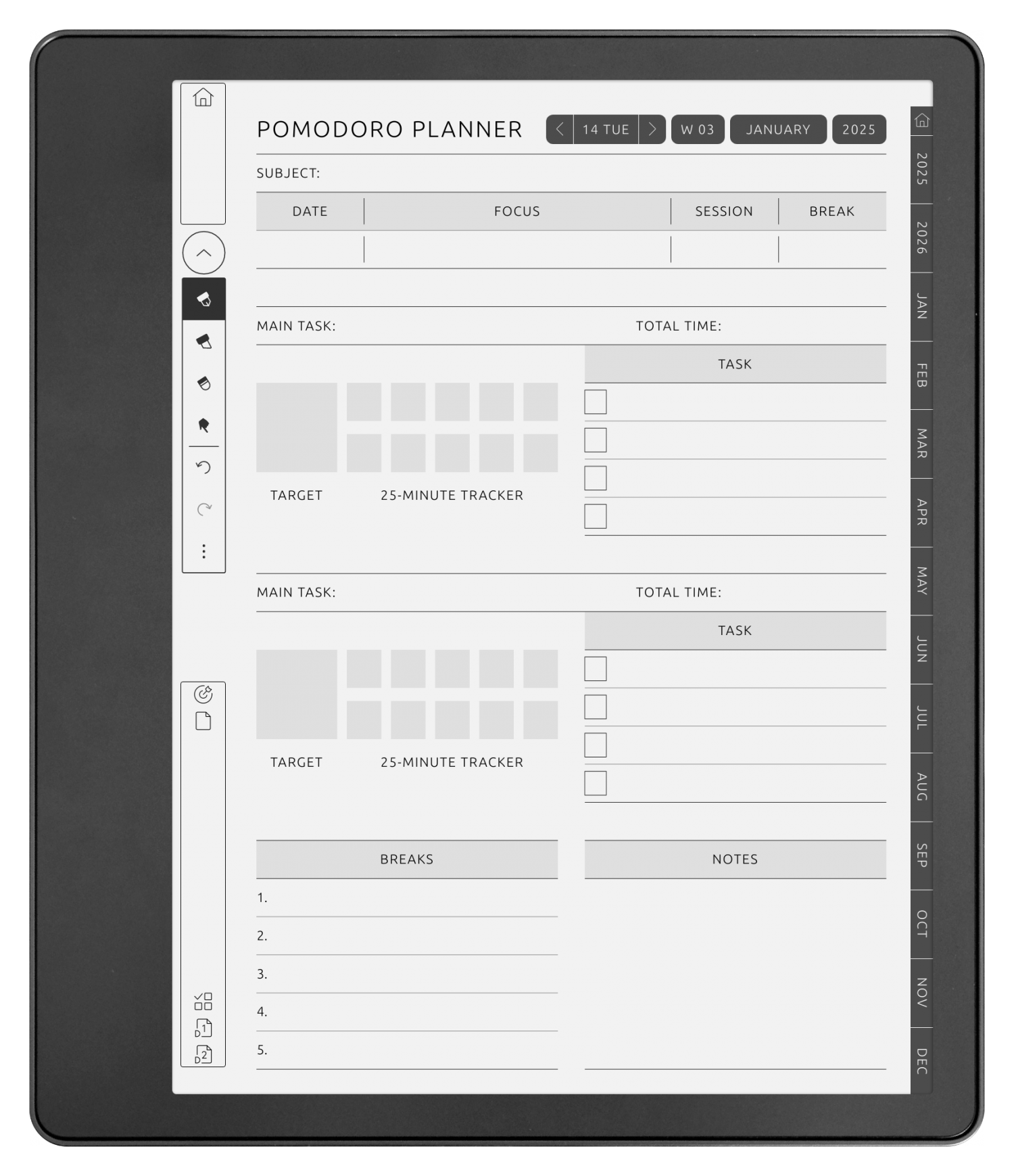 Kindle Scribe Pomodoro Planner - Portrait Contrast Theme