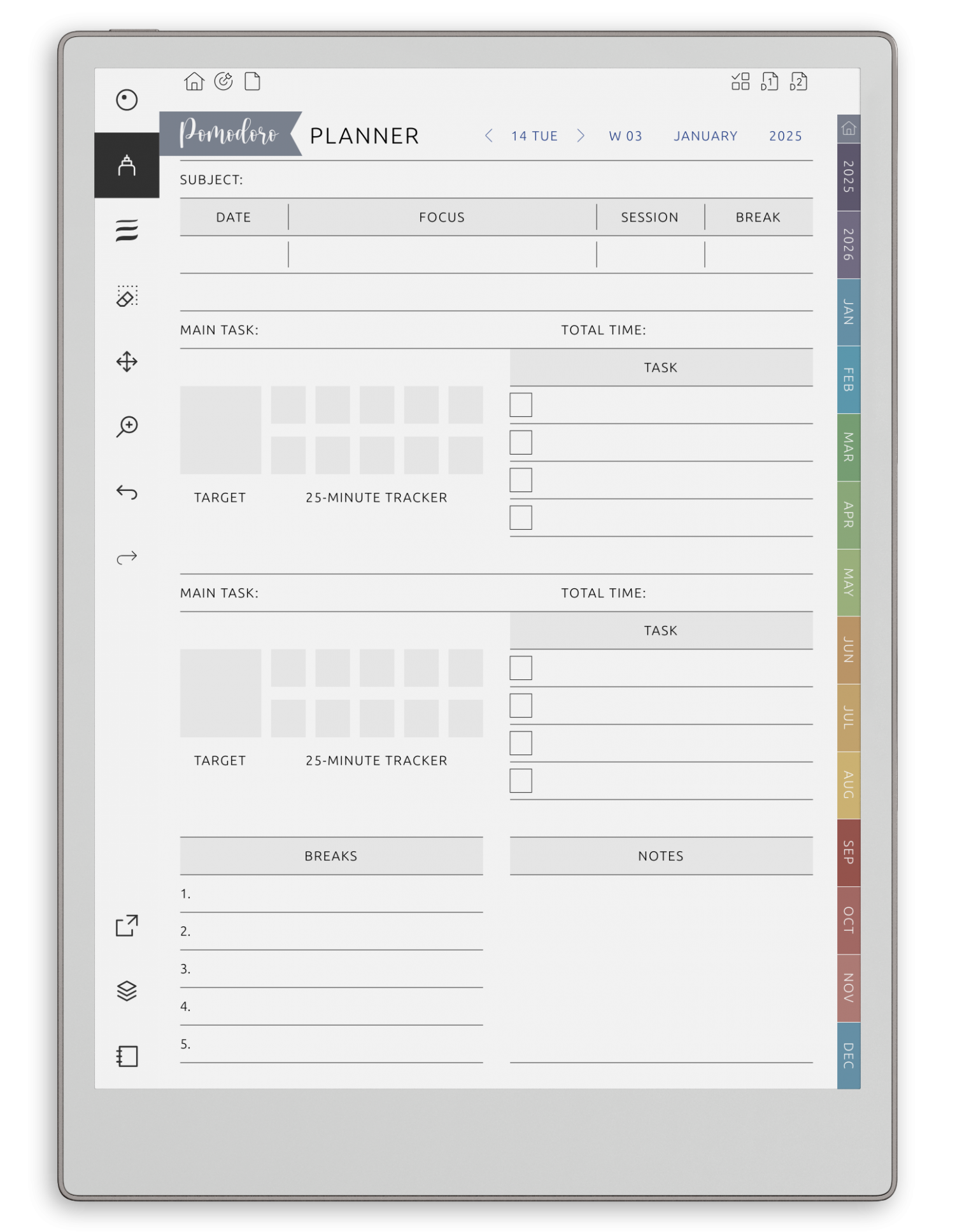 reMarkable Pomodoro Planner - Portrait Elegant-Color Theme