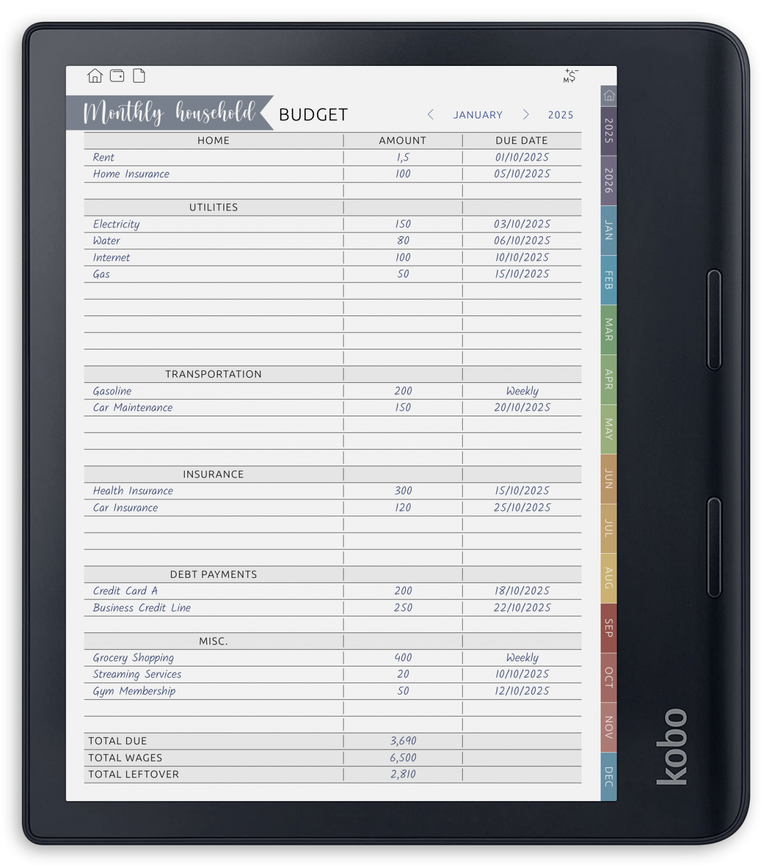 ONYX BOOX - Budget Planner - Portrait Contrast Theme
