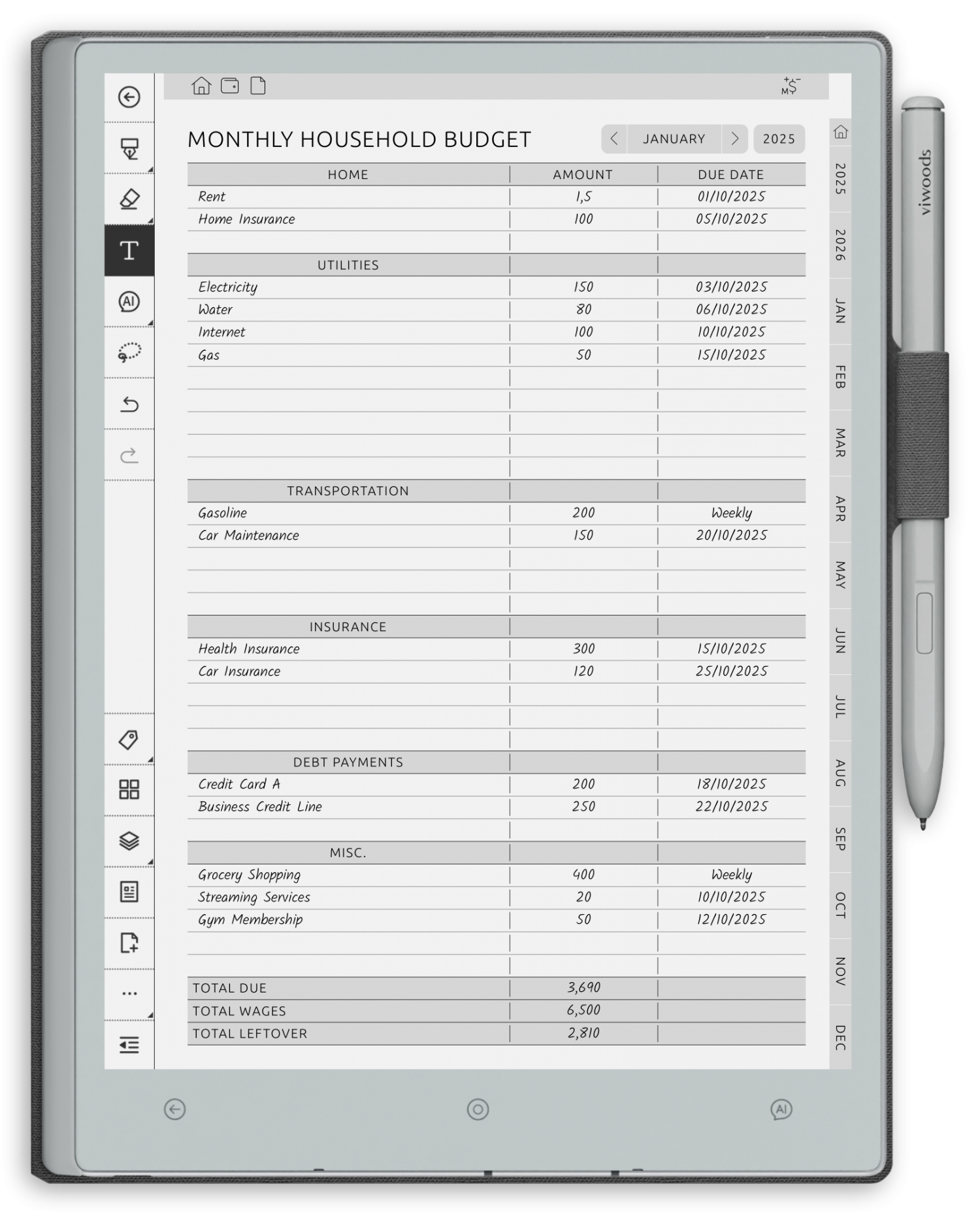 reMarkable Budget Planner - Portrait Contrast Theme