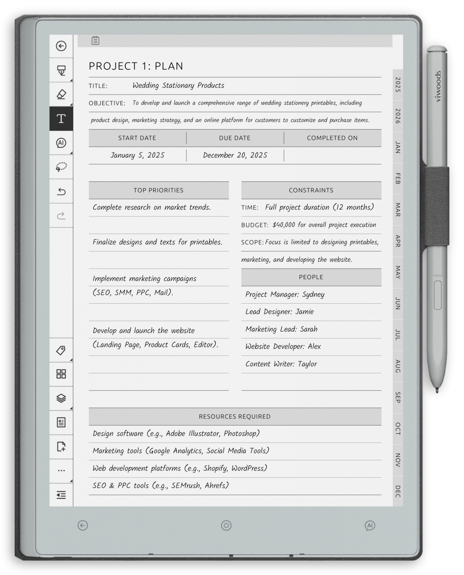 reMarkable Section Project Planner - Portrait Contrast Theme