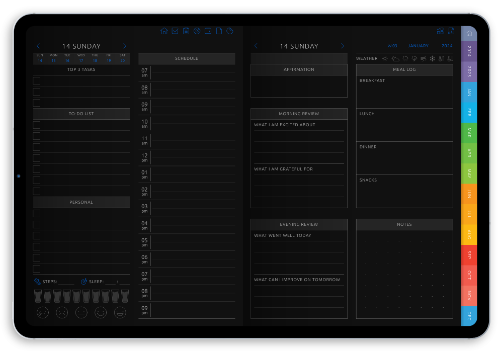 Download Daily Digital Planner PDF for GoodNotes, iPad, Android (Dark)