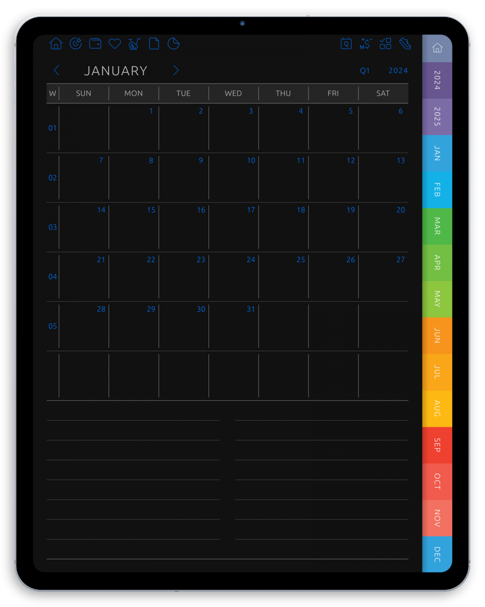 Download Monthly Digital Planner PDF for GoodNotes, iPad (Dark)