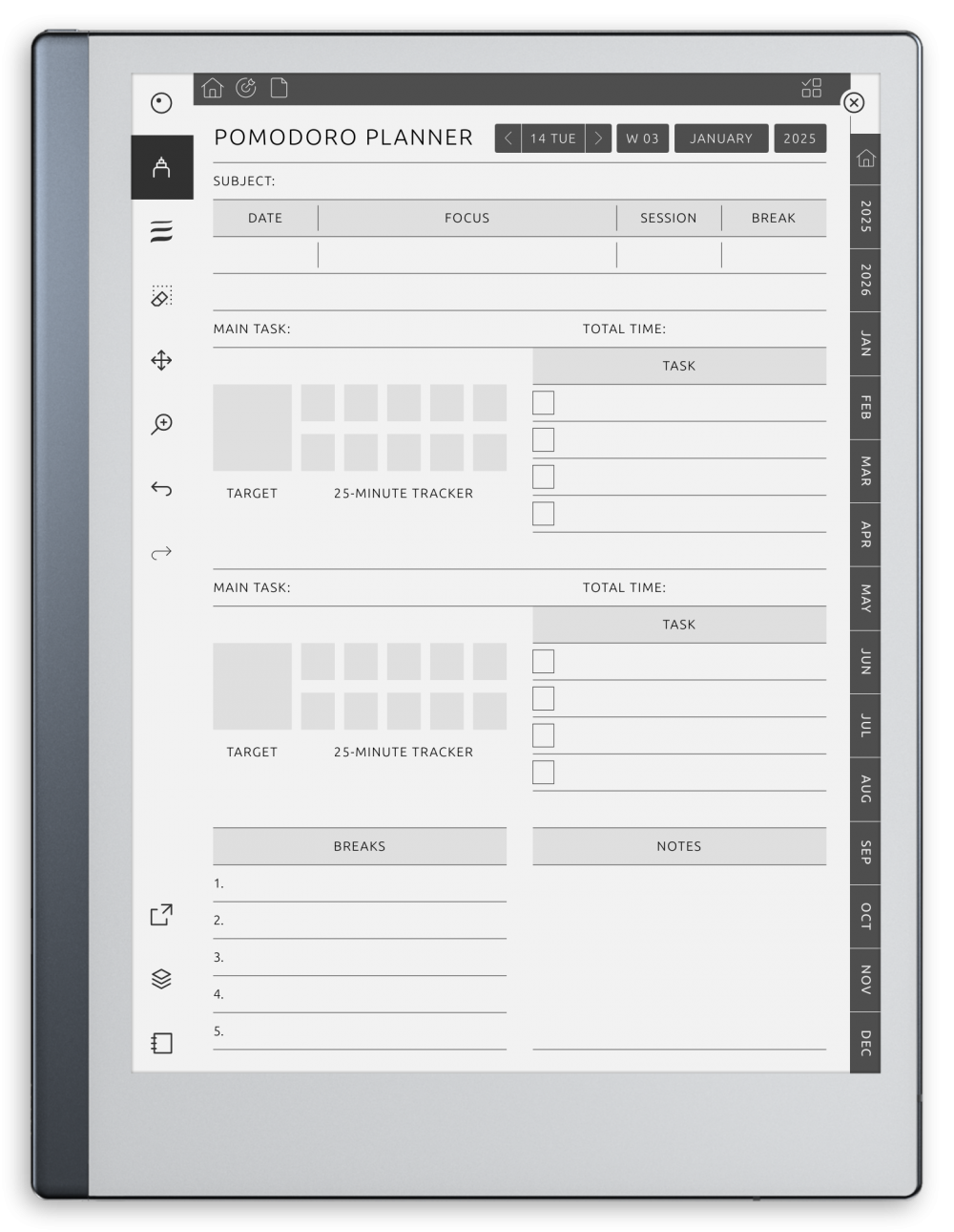 2026 - 2027 Pomodoro Planner for reMarkable - Download Hyperlinked PDF