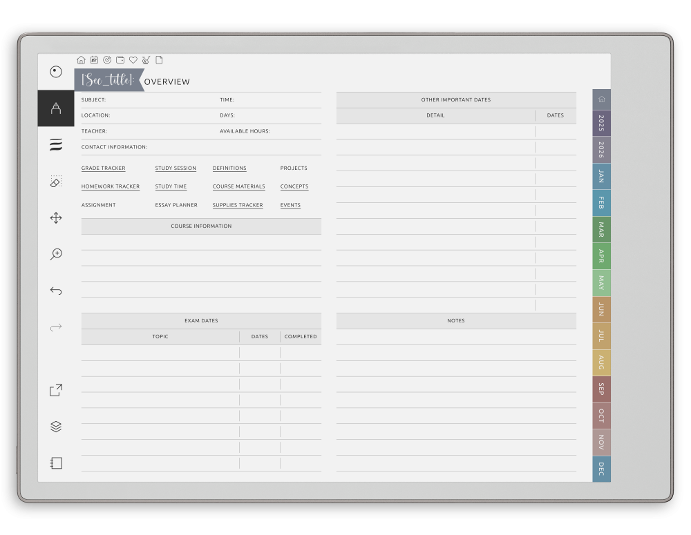 Student Planner for reMarkable - Download Customizable Hyperlinked PDF