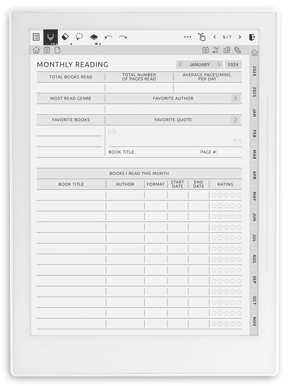 Download Reading Journal Hyperlinked PDF for Supernote A5 X A6 X