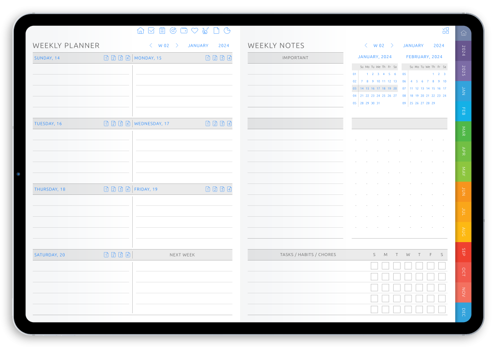 Download Weekly Digital Planner PDF for GoodNotes, iPad (Dark)