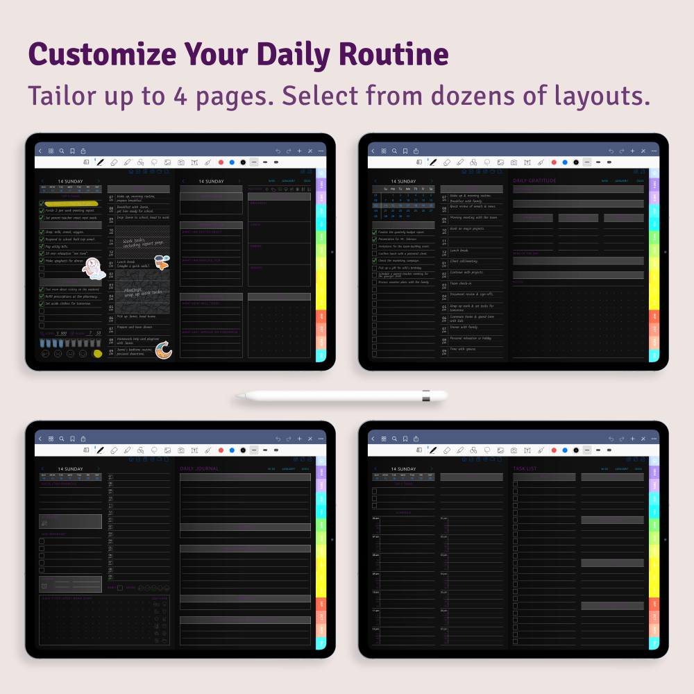 Download Daily Digital Planner PDF for GoodNotes, iPad, Android (Dark)