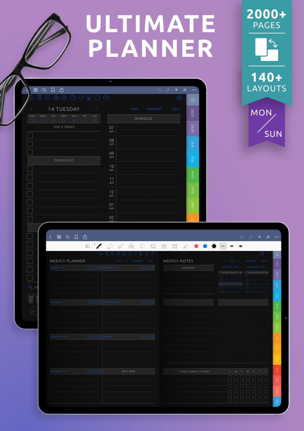 Download Digital Planner PDF for GoodNotes, iPad (Dark)