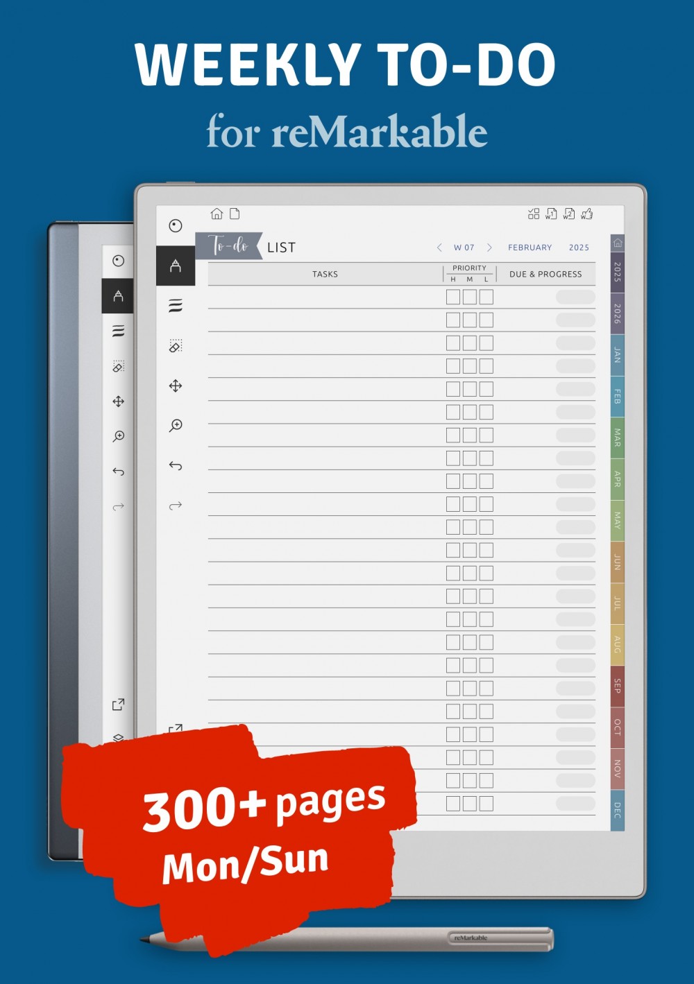 Weekly To-Do planner for reMarkable - Customizable Hyperlinked PDF