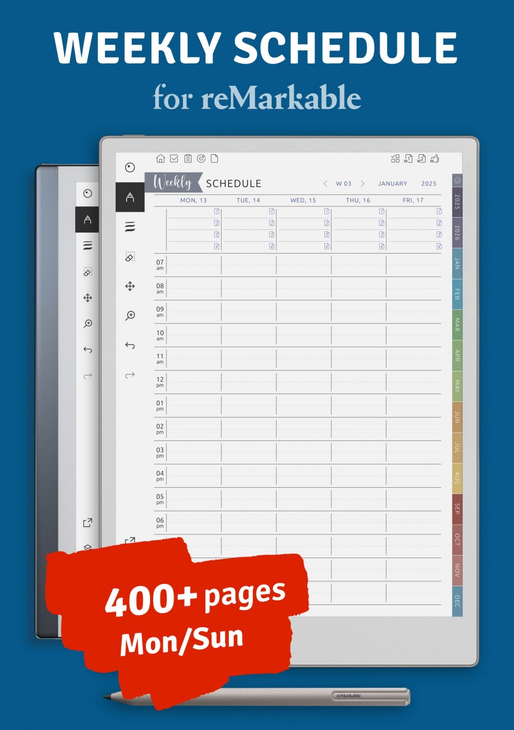 Weekly Schedule Planner for reMarkable - Get Customizable Hyperlinked PDF