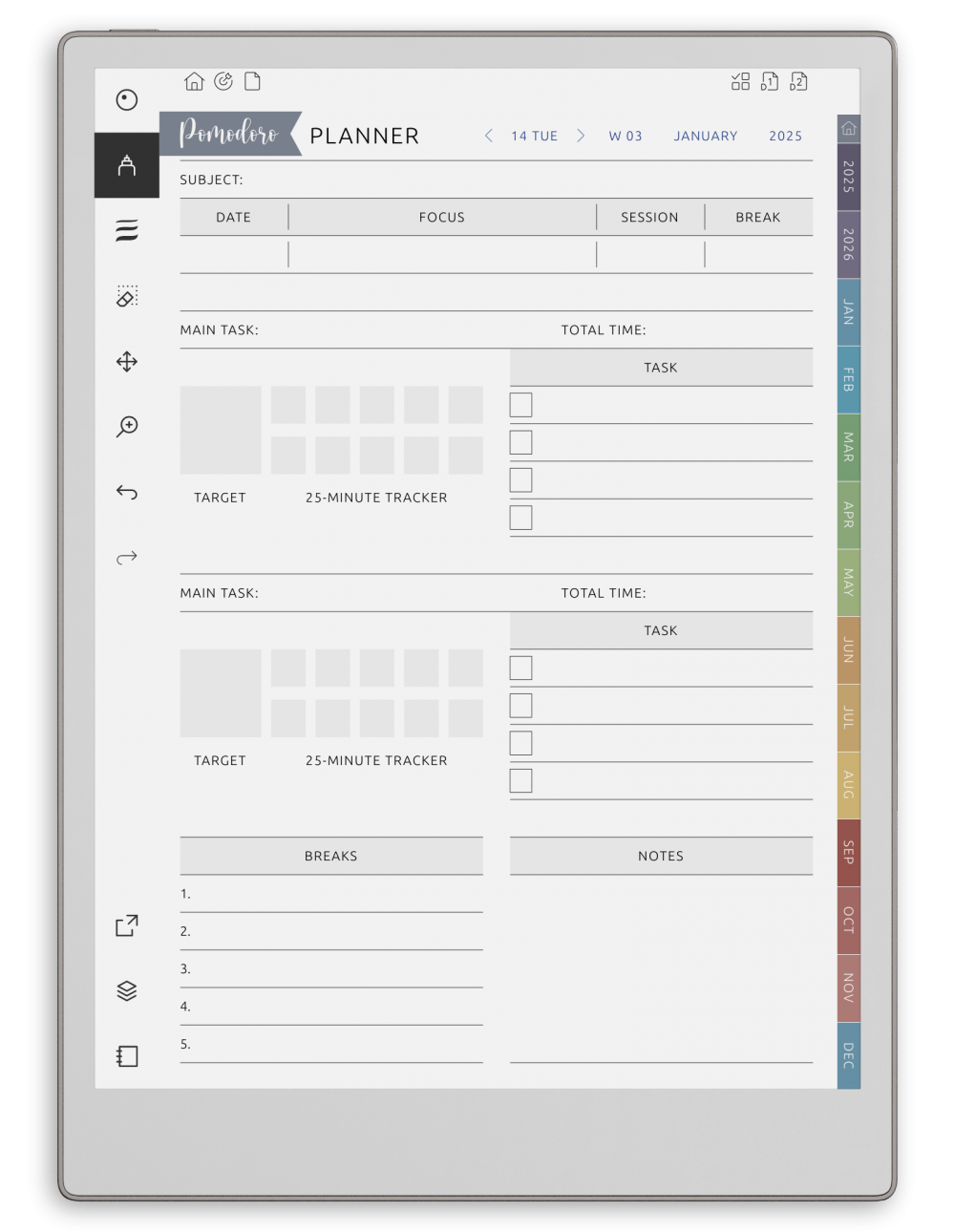 2026 - 2027 Pomodoro Planner for reMarkable - Download Hyperlinked PDF