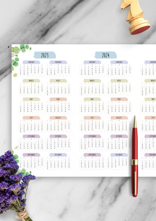 3-year Calendar Template - Floral Style - Landscape 2023