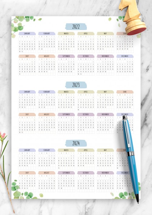 2022 3-year Calendar Template - Floral