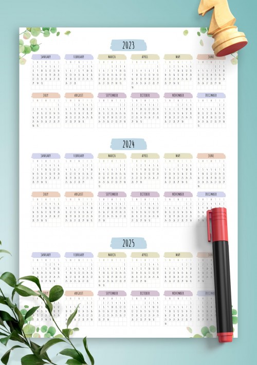 2023 3-year Calendar Template - Floral
