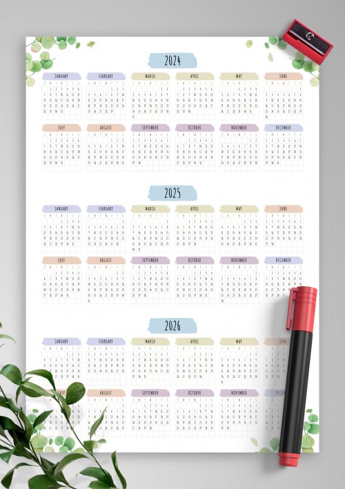 2024 3-year Calendar Template - Floral