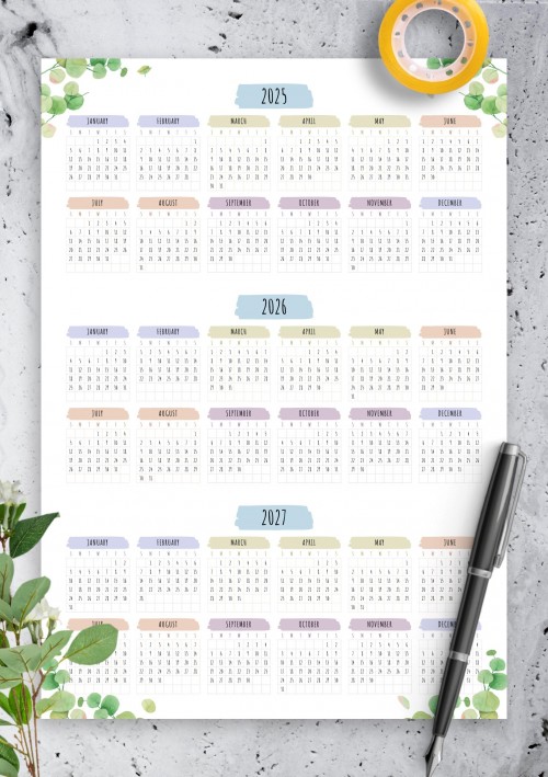 2025 3-year Calendar Template - Floral