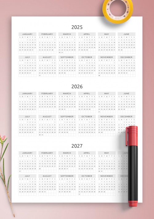 2025 3-year Calendar Template - Original 