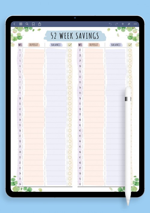 52 Week Savings - Floral Style Template for Notability