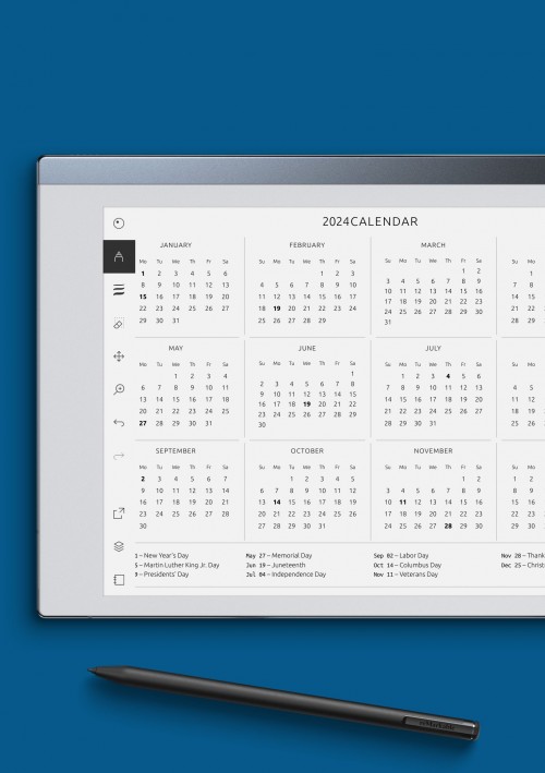 reMarkable Annual Calendar with Holidays Horizontal Template