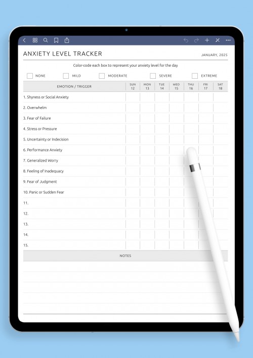 Anxiety Level Tracker template for GoodNotes