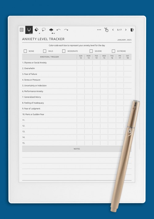 Anxiety Level Tracker template for Supernote