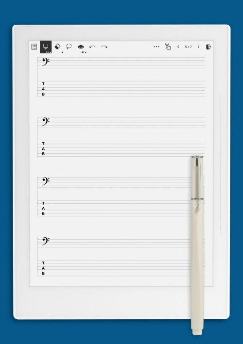 Bass + 6-String TAB (Single Staff) template for Supernote