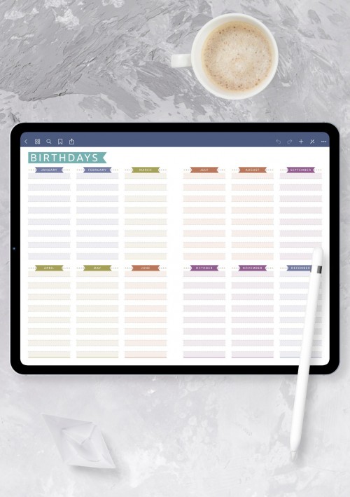 Birthday Calendar - Casual Style Template for GoodNotes