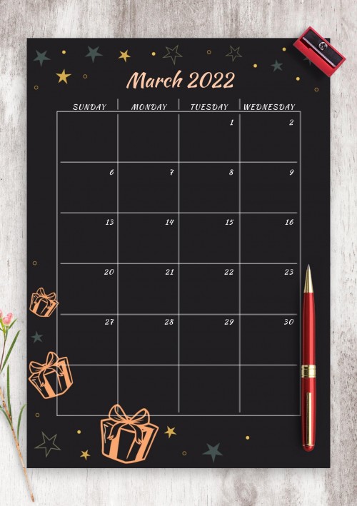 Black March 2022 Birthday Calendar