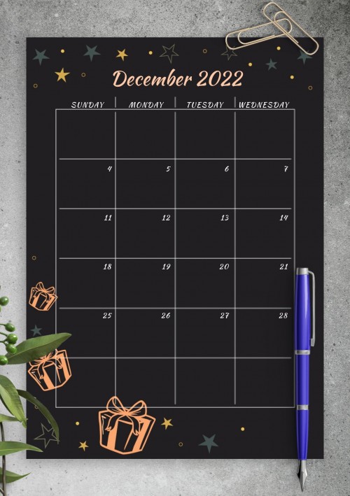 Black December 2022 Birthday Calendar