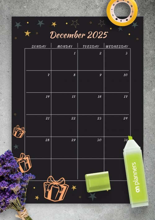 Black December 2025 Birthday Calendar