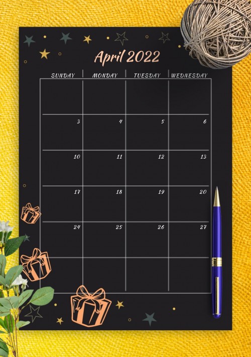 Black April 2022 Birthday Calendar