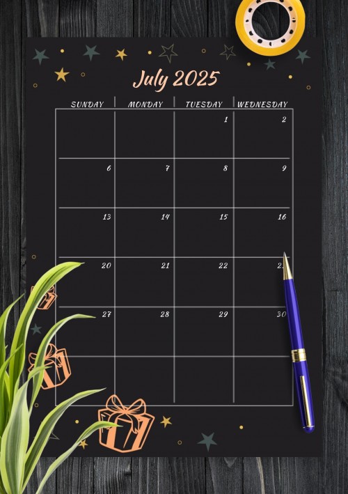 Black July 2025 Birthday Calendar